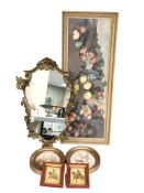 An ornate gilt framed mirror, pair of contemporary oval still life oil paintings on canvas,