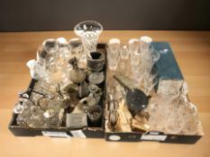 Assorted crystal glasses, metal wares, cruet set on stand, cutlery, etc.