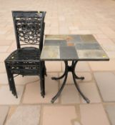 A slate topped square garden table, width 70 cm,