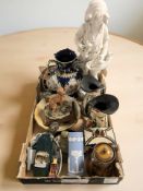 Assorted figurines, ceramics, Wedgwood jasperware cylindrical vase, die cast cars, etc.