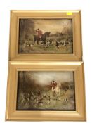 A pair of reverse prints on glass depicting fox hunting scenes,