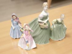 A Royal Doulton figure 'Clarisa' HN2345, and three smaller figures 'Fair Maiden' HN2211,