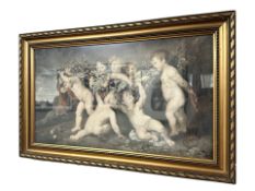 A colour print depicting cherubs with fruit, colour print, 58 cm x 33 cm.