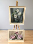 A wooden easel and two still life oil on canvas signed Mastone