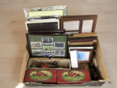 A group of tins, Stanley hand drill, various frames, Stanley No. 220 woodworking plane, etc.