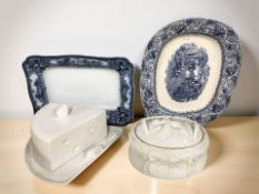 Two 19th century blue and white plates, a lidded game tureen and a cheese dish surmounted by mice.