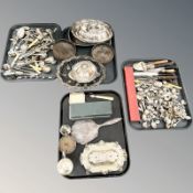 A quantity of assorted silver items and silver plate including cutlery, bottle coasters,