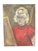 Danish School : Female figure painting in a red jumper, oil on canvas, 47 cm x 62 cm.