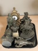 A group of patinated metal figures, bust of Wagner,