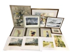 Assorted pictures and prints, Lionel Playford pastel of Gateshead, golfing caricatures,