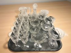 A group of crystal wine and champagne glasses, Royal Doulton decanter, etc.