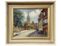 Danish School : Figures in a cobbled street, oil on board, 26 cm x 21 cm.