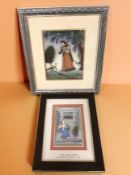 A contemporary Indian gemstone painting depicting a lady in a garden in decorative silvered frame