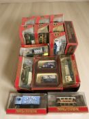 A group of boxed Matchbox Models of Yesteryear die cast delivery vans, trams, etc,