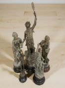 A group of five 19th century French spelter figures on wooden plinths, tallest 72 cm.