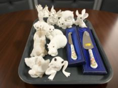 A group of Royal Osborne porcelain animal figures, Nao figure of a dog, Aynsley knives, etc.