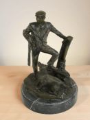 After Moreau : A patinated metal figure of a shooter and gun dog, on marble circular plinth,