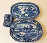 A Copeland Spode Italian blue and white cheese dish and cover, and two meat plates,