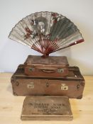 A group of luggage cases, oriental lacquered fan.