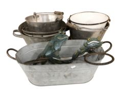 A group of galvanized and other metal planters, buckets, plant pots,