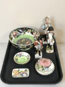 Several items of Maling lustre china and three figures of Napoleonic era soldiers.