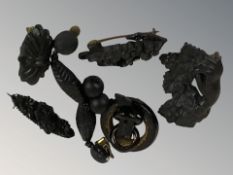 A group of Whitby jet brooches and earrings.