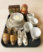 A Tower Pottery tea set, a Russian doll, small jewellery box,