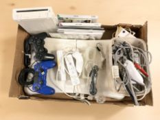 A Nintendo Wii console, controllers, Wii Fit board, games, Playstation controllers.