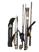 A group of fishing rods including a Fladen Celtic 210 cm boat rod,