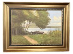 M Johansen : Rowing boat by a lake, oil on canvas, 64 cm x 43 cm.