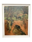 After Paul Gauguin : Tahitian figures in a landscape, colour print, 66 cm x 83 cm.