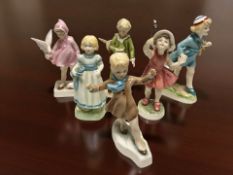 Six Royal Worcester figures of children modelled by F G Doughty comprising 'Hometime', 'The Slide',