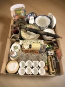 Assorted ceramics and glass wares, tins, coins, umbrella with dogs head handle, etc.