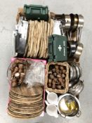 A large quantity of restaurant goods including wooden serving/chopping boards, stainless steel pans,