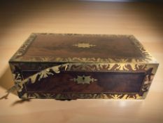 A Victorian mahogany and brass inlaid writing slope, width 50 cm.