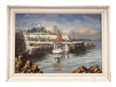 Louis Bendisen : Fishing boat by the entrance to a dock, oil on canvas, 67 cm x 46 cm.