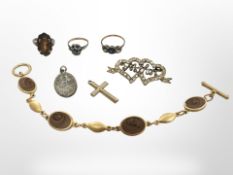 Two 9ct gold and silver dress rings, a silver ring and a group of costume jewellery.