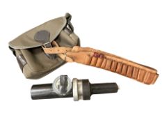 A canvas cartridge bag together with tan leather cartridge belt & Turner Richards dog training