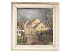 Danish School : Study of buildings by a road, oil on canvas, 39 cm x 39 cm.