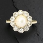 A fine antique 18ct yellow gold pearl and diamond cluster ring,