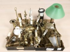 A group of Continental brass light fittings, table lamps,