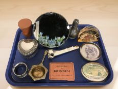 A group of glass paperweights, painted easel mirror, a cigar cutter, heart shaped ring box,