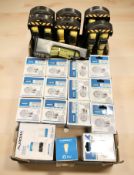 A quantity of remote control LED push lights and several packs of van straps.
