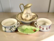 A Staffordshire ironstone wash jug and basin, two Portmeirion pots and a leaf dish.