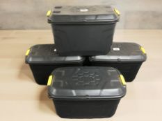 Four plastic storage boxes on castors, with lids, width 70 cm.