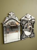 Two Venetian style etched glass easel mirrors, height 53 cm.