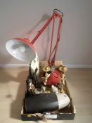 A large anglepoise lamp with continental plug together with figurines, pair of cherub candlesticks,