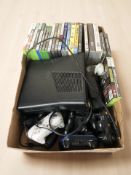 An Xbox 360 console, controllers, Xbox and Playstation games, DVDs.