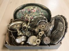 A collection of silver plated wares, salvers, candelabra, cutlery, etc.