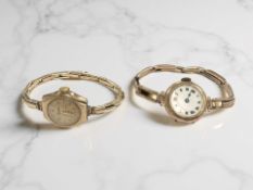 Two lady's 9ct gold wristwatches on plated expanding bracelets.